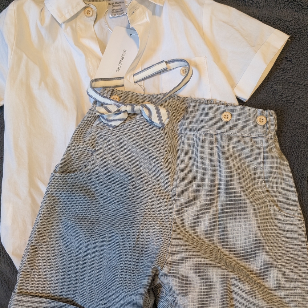 White Shirt and Gray Checkered Pants Set